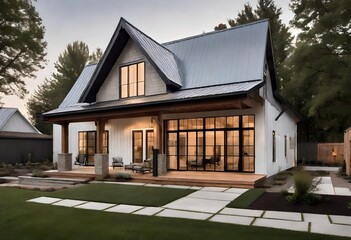 Fototapeta na wymiar Home architecture design in Modern Farmhouse Style with Gabled roof constructed by Board and Batten 