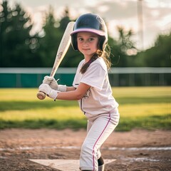 Obraz premium girl holding baseball bat standing at Home Plate playing Little League Baseball in the park