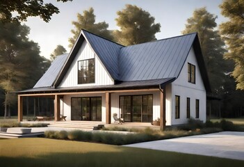 Home architecture design in Modern Farmhouse Style with Gabled roof constructed by Board and Batten  