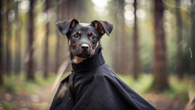 cute dog wearing a black cloak with a forest background and white striped effects