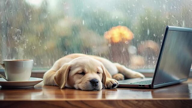 a puppy sleeping on the edge of the window and accompanied by a laptop and warm coffee during rainy weather