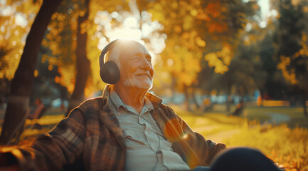 Grey hair and beard retired elderly man sitting on autumnal park bench, listening to wireless...