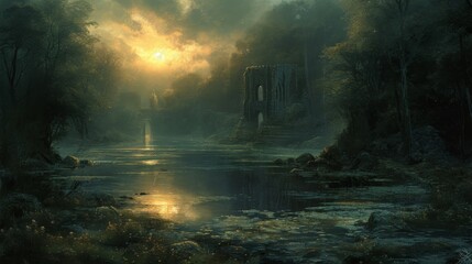 This evocative artwork captures the mystical sunrise peering through the mist over serene river ruins, nestled in an enchanted forest