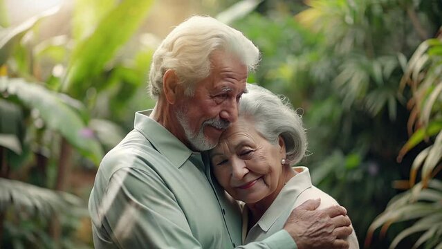 grandfather and grandmother hugging each other intimately against a blurry background of green plants and butterflies flying
