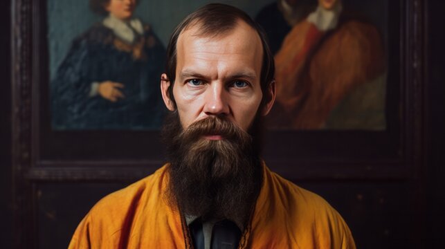 A man with a beard and a yellow jacket is standing in front of a painting. He looks serious and focused