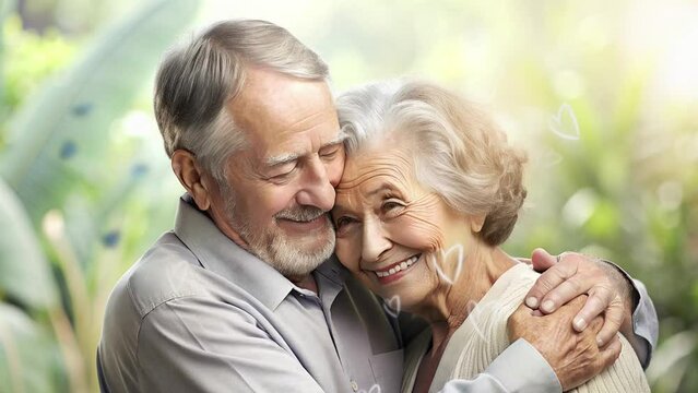 grandfather hugging grandmother with a happy smiling expression with a heart shape effect