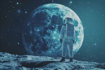 Astronaut on the moon marvels at Earth, symbolizing human triumph in space exploration. Concept Space Exploration, Astronaut, Moon Landing, Earth from Space, Human Triumph