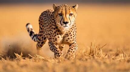 Close up of cheetah with graceful sprint on open plains