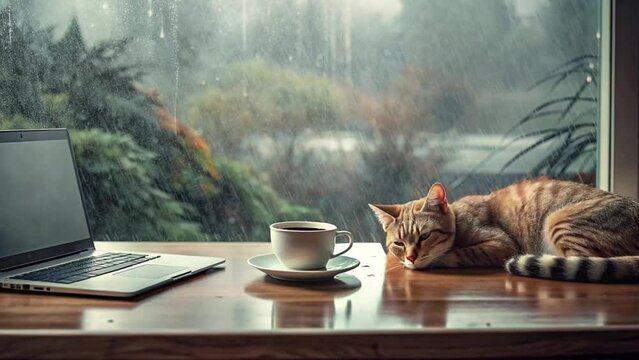 cat sleeping on the edge of the window with a cup of warm coffee and a laptop during rainy weather