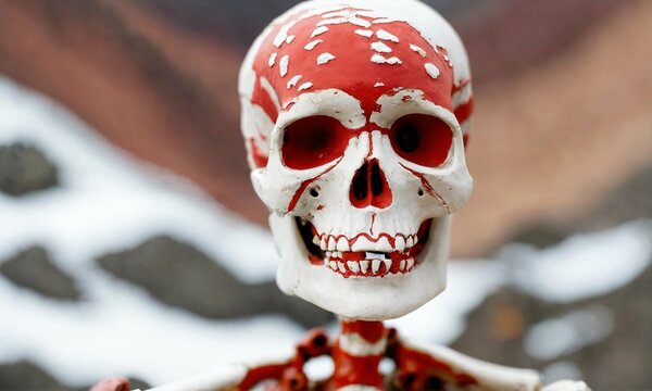  A ceramic skeleton statue with red paint around its head
