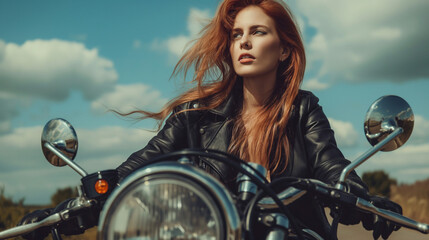 
attractive redhead woman in black leather biker outfit on a motorcycle