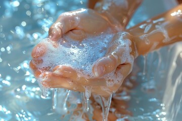 Hands rubbing together, covered in soap suds, with water droplets sparkling around them - obrazy, fototapety, plakaty