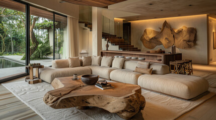 An elegant living room in a villa designed in the style of Anouska Hempel, with raw wood and a cream linen sofa