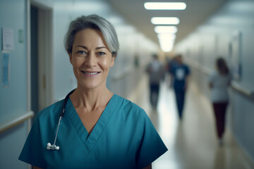 Close-up, realistic HD image of a middle-aged female nurse's caring grin, set against the busy backdrop of a hospital corridor