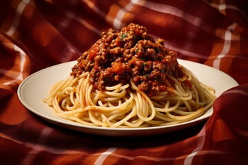 Juicy spaghetti bolognese on a ceramic tile against a chenille fabric background