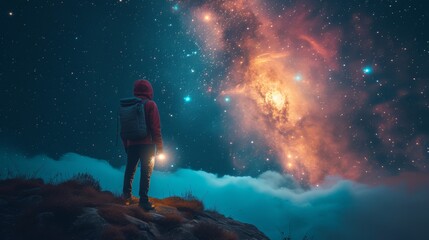 A lone traveler stands on a ridge, backlit by a magnificent cosmic nebula, highlighting the vastness of space.