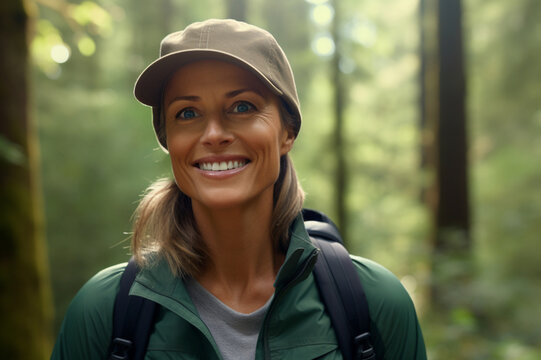 Close-up, realistic HD image of a middle-aged female environmentalist's hopeful smile, set against the backdrop of a green, lush forest