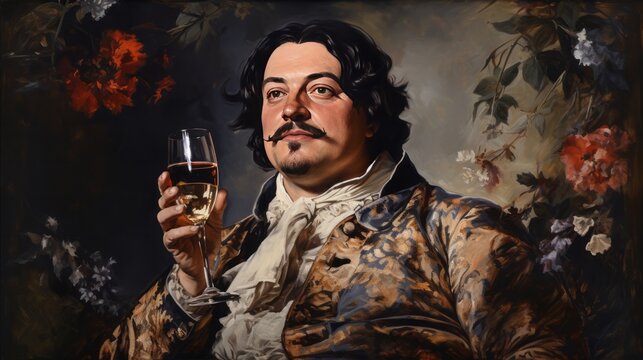 A man in a fancy outfit is holding a wine glass. The painting is of a man with a mustache and a mustache