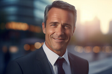 Close-up, realistic HD image of a middle-aged businessman with a beaming smile, set against a city skyline blur