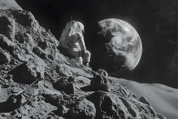 Astronaut on moon gazes at Earth in awe symbolizing human achievement in space exploration. Concept Space Exploration, Astronaut, Moon, Earth, Human Achievement