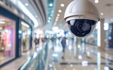 Camera is mounted on pole in mall. Mall is crowded with people walking around. Concept of security, safety. - obrazy, fototapety, plakaty