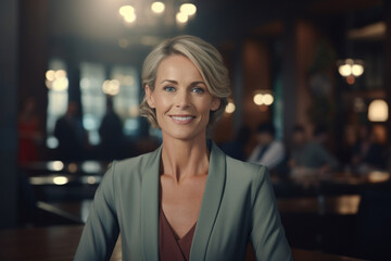 Close-up, realistic HD image of a middle-aged female professional's cheerful face, set against the warm ambiance of a luxurious boardroom