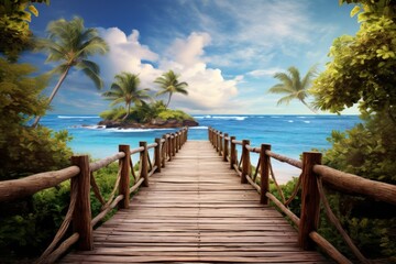 Beach with wooden bridge. Clear blue sky and clouds on sea. Summer, travel and vacation theme.
