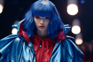 Commanding attention, the influencer with electric-blue hair and enchanting navy eyes takes center stage in a captivating oversized bomber, amidst the 
