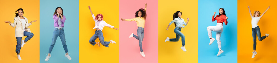 Set of positive multiethnic women jumping over colorful studio backgrounds