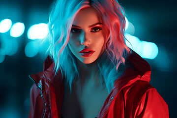 Commanding attention, the influencer with teal-colored locks and mystic blue eyes showcases her bold oversized bomber under the vibrant glow of red runway lights. Teal-colored. Mystic.