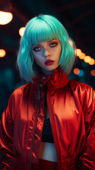 Commanding attention, the teal-haired influencer with mystic blue eyes showcases her bold oversized bomber under the vibrant glow of red runway lights. Teal. Bold.