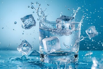 Falling Ice Cubes Splashing Into Refreshing Glass of Water on Blue Background