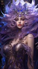A frosty siren with mesmerizing violet eyes, embraced by royal purple feathers and radiant diamonds, on a regal amethyst background.
