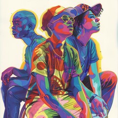 Artistic rendering of three friends posed thoughtfully against a stark background, highlighted by a rainbow of colors that offers a modern, expressive look.