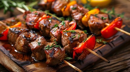 Grilled Meat and Vegetable Skewers on Rustic Wooden Board - obrazy, fototapety, plakaty