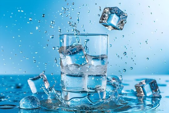 Falling Ice Cubes Creating Splashes in a Glass of Water on a Blue Background