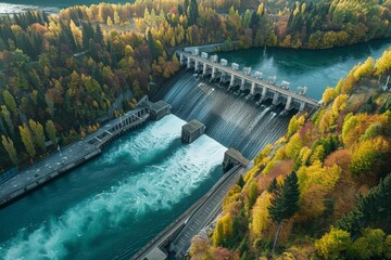 Aerial view of a large hydro electric facility. - obrazy, fototapety, plakaty