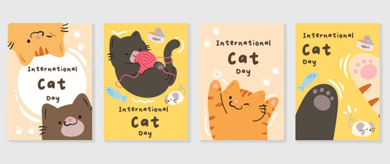 Happy international cat day cover set. Cute cats and funny kitten, paw foot design collection with flat color in different poses.  Adorable pet animals illustration for international cat day.  - obrazy, fototapety, plakaty