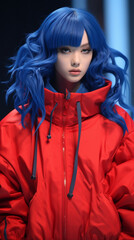 Commanding attention, the influencer with electric-blue hair and enchanting navy eyes takes center stage in a captivating oversized bomber amidst the 