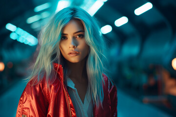 Commanding attention, the influencer with teal-colored locks and mystic blue eyes showcases her bold oversized bomber under the vibrant glow of red runway lights. Teal-colored. Mystic.