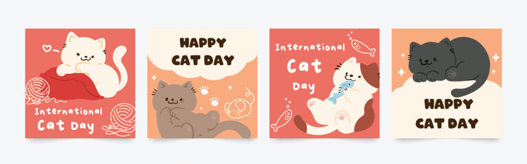 Happy international cat day square cover set. Cute cats and funny kitten, paw foot design collection with flat color in different poses.  Adorable pet animals illustration for international cat day.  - obrazy, fototapety, plakaty