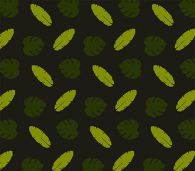 Seamless pattern leaves of tropical plants and palm trees on a dark background in a flat style. Floral pattern backgroun print design