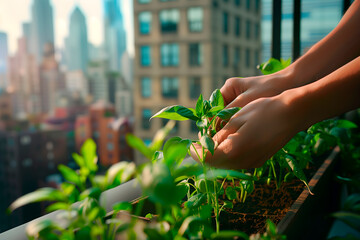 Hands planting in an urban farm on a terrace, with a blurred cityscape in the background