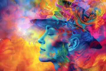 Tranquility and serenity. Mental wellbeing and female health. Serene woman in hat among colourful smoke. Inspiration and dreaming.
