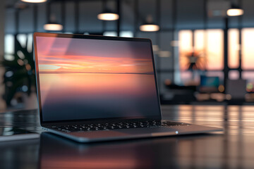 Close-up of a laptop on a desk in a blurry office background - obrazy, fototapety, plakaty