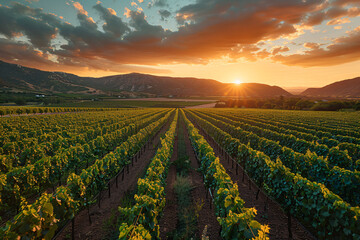 Vineyard at dusk with sun setting behind hills. Warm evening tones on wine-producing grapes. Scenic viticulture landscape photography. Design for tourism brochure, article backdrop - obrazy, fototapety, plakaty