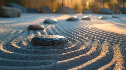 Deurstickers A serene Zen garden at dawn, perfectly raked sand, neatly arranged stones, gentle morning light creating soft shadows, symbolizing tranquility and mindfulness. Resplendent. © Summit Art Creations