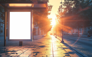 Empty white vertical digital billboard poster on city street bus stop sign in night. Mockup of street advertising bus stop Offer or advertise in public area with blank, clean screen or sign mockup.