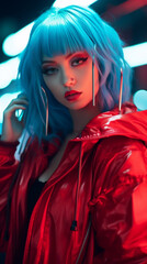 Commanding attention, the teal-haired influencer with mystic blue eyes showcases her bold oversized bomber under the vibrant glow of red runway lights. Teal. Bold.
