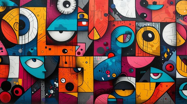 This colorful urban graffiti, featuring a mosaic of abstract faces and shapes, captures a playful and thought-provoking street art essence.